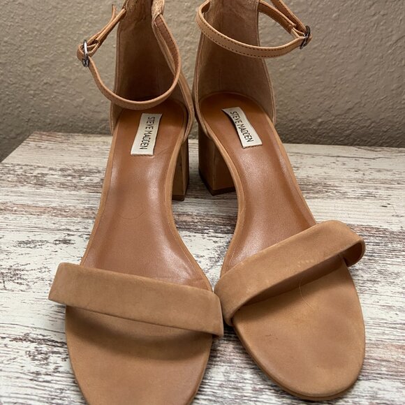 Steve Madden Irenee Tan Leather Sandal Block Heel 10 - Picture 2 of 5